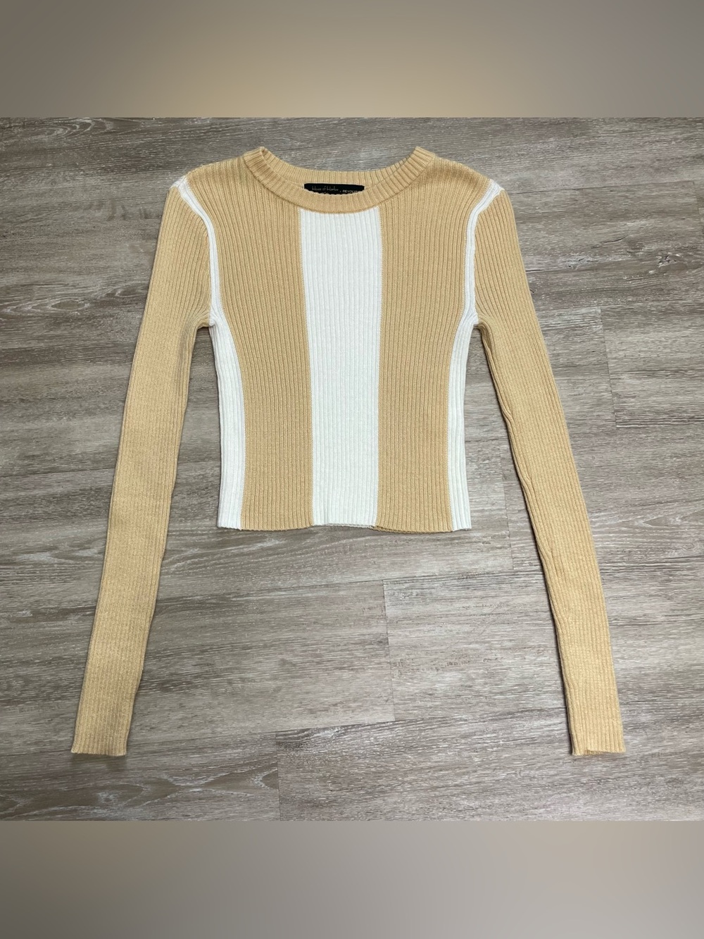 House Of Harlow 1960 Revolve White Tan Stripe Ribbed Long Sleeve Cropped Top XS